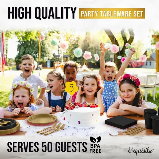 Exquisite 350 Pcs Plastic Plates for Party &ndash; Disposable Plates Set &ndash; 50 Each of 9" Dinner Plates, 7" Dessert Plates, Plastic Cups, Napkins & Plastic Cutlery &ndash; Plastic Dinnerware by Party Solids New Years {6}