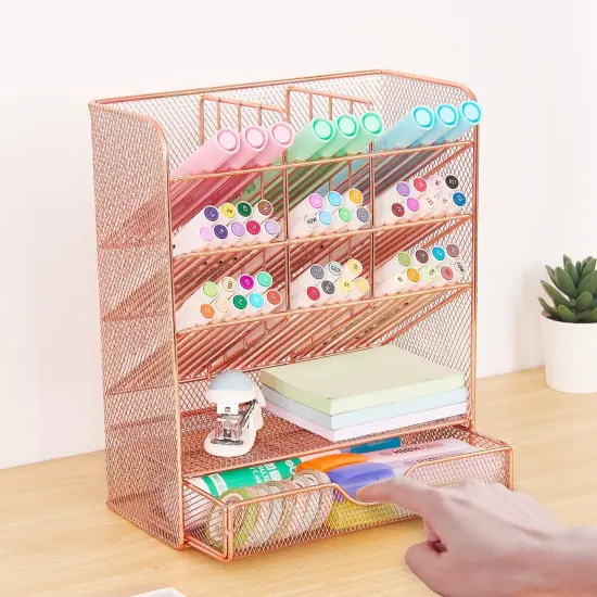 Spacrea Pen Holder Desk Organizer - Desk Organizers and Accessories, Pencil Holder with 10 Compartments and 1 Drawer(Rose Gold) {6}