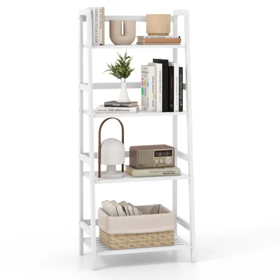 Costway Multifunctional 4 Shelf Bamboo Bookcase Ladder Plant Flower Stand Rack Storage White/Natural {1}