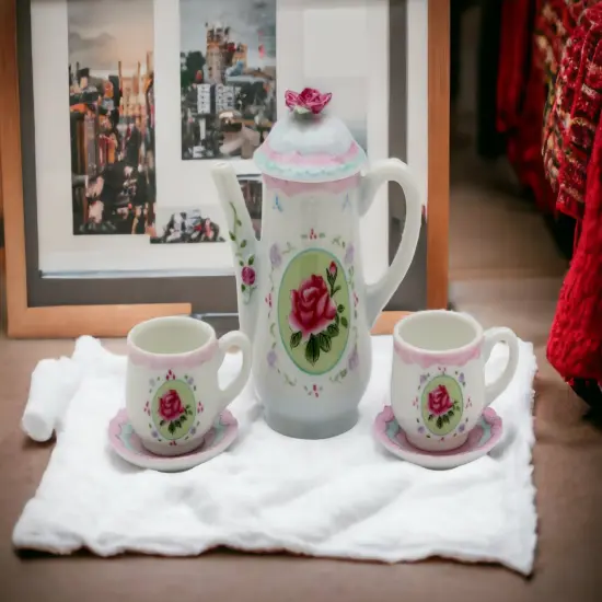 Ceramic Pink Rose Mini Tea Set- 5 Piece Set, Gift for Her, Gift for Mom, Gift for Friend or Coworker, Tea Party D&eacute;cor, Caf&eacute; Decor {2}