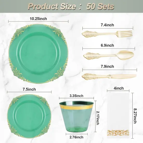 350PCS Green & Gold Disposable Dinnerware Set &ndash; Plates, Cutlery, Cups & Napkins for 50 Guests {2}