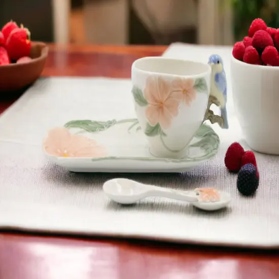 Ceramic Bluebird Flower Cup And Saucer And Spoon-1Set, Gift for Her, Gift for Mom, Gift for Friend or Coworker, Tea Party D&eacute;cor, Caf&eacute; Decor {1}