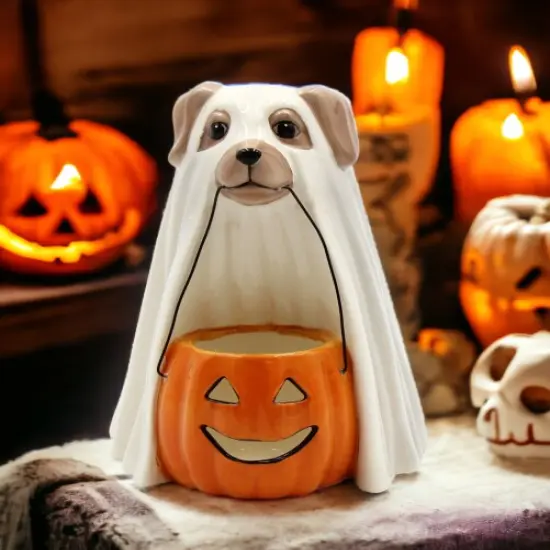Ceramic Halloween Ghost Dog Holding Pumpkin Jack-O-Lantern T-light Candle Holder, Home D&eacute;cor, Gift for Her, Gift for Mom, Dog Lover Gift {2}