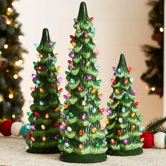 Set of 3 Ceramic Christmas Trees Pre-Lit Tabletop D&eacute;cor with LED Lights Green W {1}