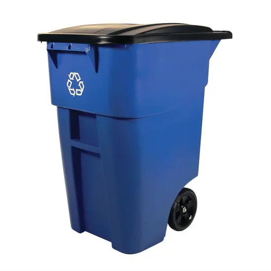 Blue 50-Gallon Wheeled Recycling Bin with Hinged Locking Lid and Molded Wheels {1}