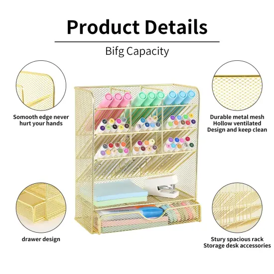 Spacrea Mesh Pen Organizer - Pencil Holder for Desk, Desk Organizer with Drawer for School, Home, Art Supplies (Gold) {5}