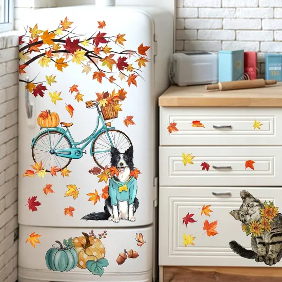 59PCS Fall Window Clings 9 Sheets, Autumn Dogs Cats Maple Leaves {4}