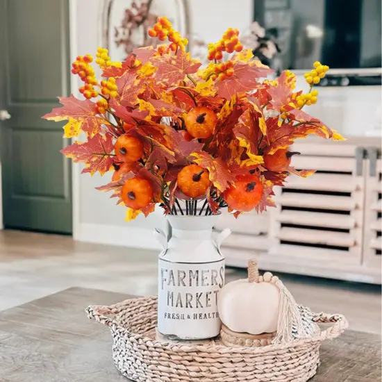 6 Pcs Artificial Maple Leaves Branches with Pumpkins {2}