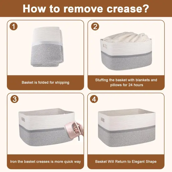 Extra Large Toy Storage Basket, Rectangle Cotton Rope Storage Basket, Blanket Basket Living Room, Woven Baskets for Organizing, 25 x 16 x 16 Inches-Grey/White {2}