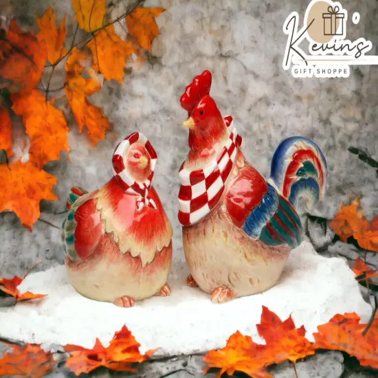 Happy Farm: Hand Painted Ceramic Red Hen & Rooster Salt & Pepper Shakers, Home Décor, Gift for Her or Mom, Kitchen Décor, Farmhouse Decor {1}