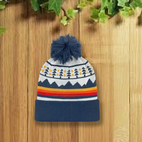 1 Count Grand Recycled Beanie Double Layered Knit with Jacquard Design and Pom Trees & Peaks {1}