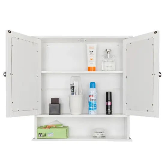 White Wall Mounted Bathroom Medicine Cabinet with Dual Mirrors Engineered MDF 3 Tier Storage {3}