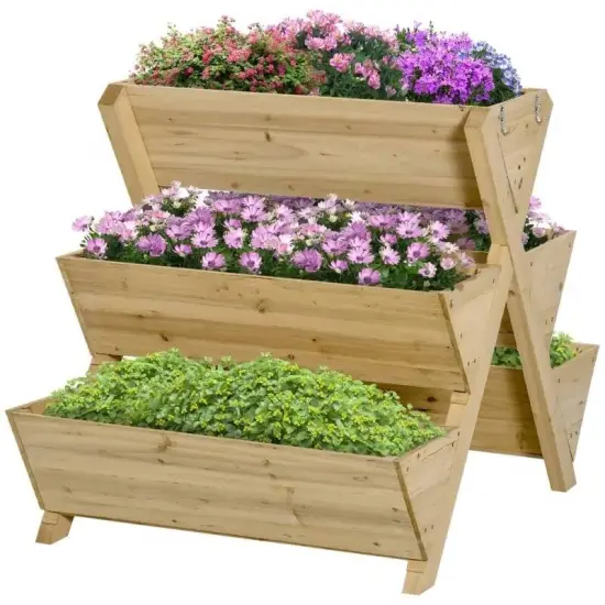 Light Brown Fir Wood 3-Tier A-Frame Planter Box with Side Hooks {1}