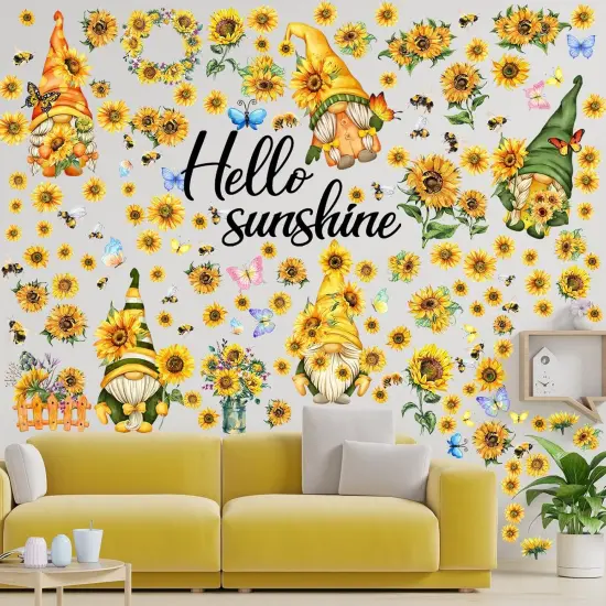 122 Piece Wall Decals - Sunflower Gnome, Bee, Butterfly, Flower Designs {3}