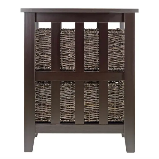 Espresso 3-Tier Accent Side Table with Open Shelf and 2 Storage Baskets for Bedroom or Living Room {3}