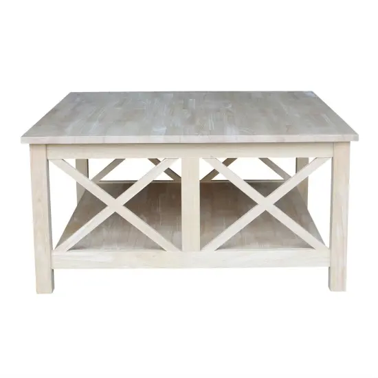 36-Inch Square Unfinished Solid Wood Coffee Table with Storage Shelf and X Frame Design {3}