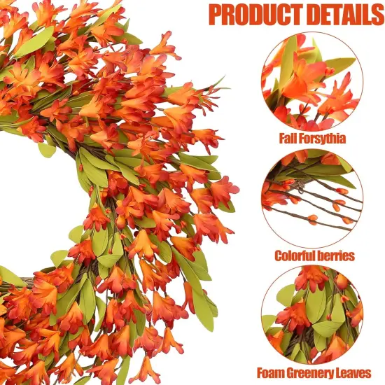 Artificial Fall Wreath 22&rsquo;&rsquo; Autumn Front Door Wreath with Forsythia Flowers {5}