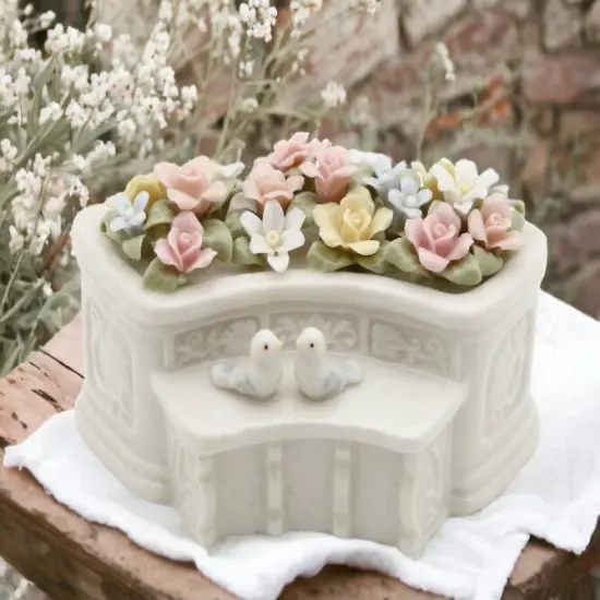 Ceramic Flower Garden with Two Small Birds Figurine, Home D&eacute;cor, Gift for Her, Gift for Mom, Nature Lover D&eacute;cor, Wedding Gift {1}