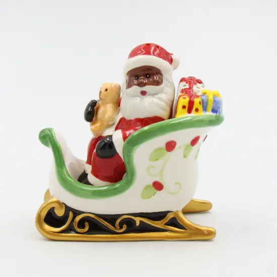 Ceramic Christmas African American Santa Riding Sleigh Salt And Pepper Shakers, Home D&eacute;cor, Gift for Her, Gift for Mom, Kitchen D&eacute;cor {2}