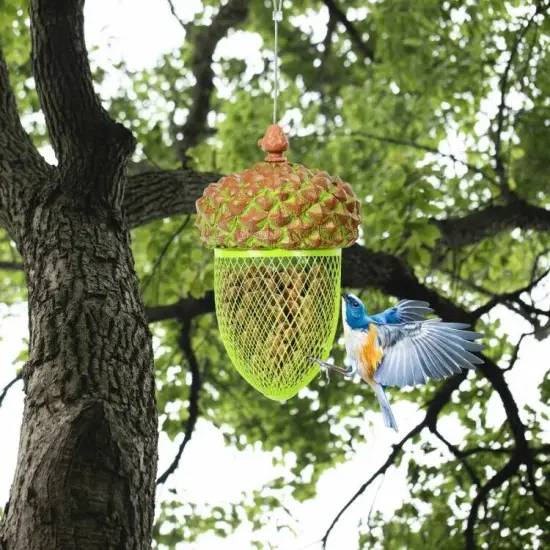 Green-Brown Resin and Iron Mesh Acorn Bird Feeder with Locking Lid and Hanging Wire {2}
