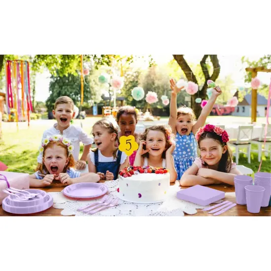 Exquisite 350 Pcs Plastic Plates for Party &ndash; Disposable Plates Set &ndash; 50 Each of 9" Dinner Plates, 7" Dessert Plates, Plastic Cups, Napkins & Plastic Cutlery &ndash; Plastic Dinnerware by Party Solids Lavender {6}