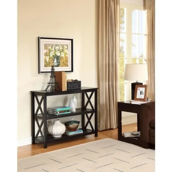 Black 3-Tier Wood Console Sofa Table with Shelves and Sides X-Design for Entryway or Hallway {2}
