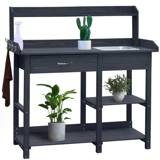 Grey Solid Wood Outdoor Potting Bench with Sink, Drawer and Hooks {1}