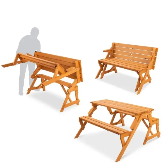 2-in-1 Wooden Picnic Table Bench Outdoor Convertible Furniture with Umbrella Hole for 2-4 People {5}