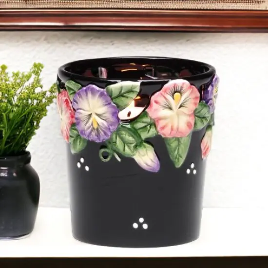 Ceramic Pansy Flower Black Votive Candle Holder with Glass Cup, Home Décor, Gift for Her, Gift for Mom, Kitchen Décor, Bathroom Decor {1}