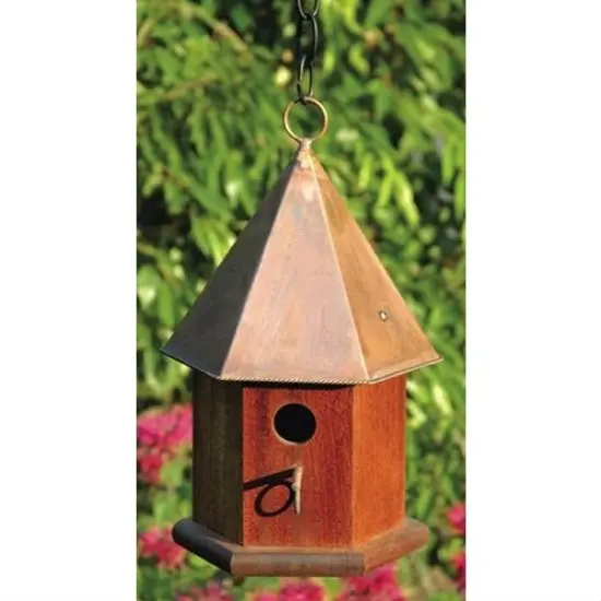 Brown Cypress Wood Songbird Birdhouse with Copper Roof, Perch and Hanging Loop {1}