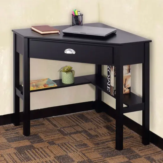 Black Pine and MDF Corner Computer Desk with Drawer, Shelves and Space-Saving Design {2}