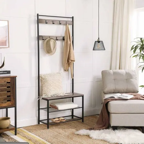 Greige Modern Entryway Coat Rack with Shoe Storage Bench 9 Hooks and Black Steel Frame {1}