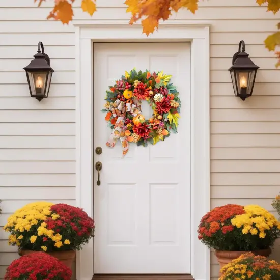 24 Inch Fall Autumn Wreath with Artificial Pomegranates {5}