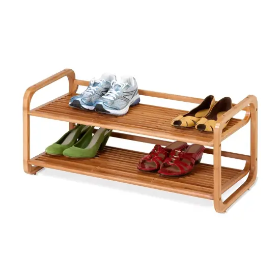 Natural Wicker Stackable Shoe Rack with 2 Shelves and 8-Pair Capacity {2}