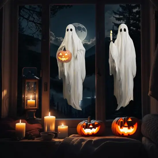 3pcs Extra Large Scary White Ghosts with Pumpkin Window Decals {5}