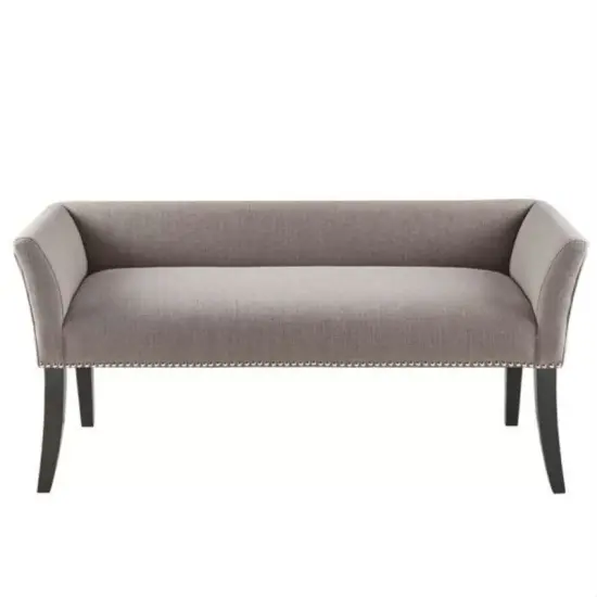 Modern Grey Entryway Bench with Curved Seat and Flared Wood Legs {2}