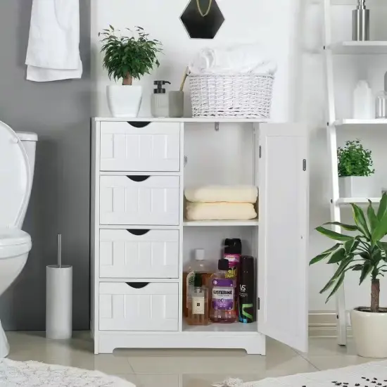 Modern Farmhouse 4-Drawer Bathroom Linen Cabinet in White Wood Finish {2}