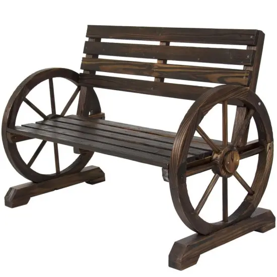 Farmhouse Wooden Wagon Wheel Bench for Porch or Garden {1}