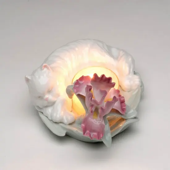 Ceramic Sleeping Cat with Iris Flower Tealight Candle Holder, Home D&eacute;cor, Gift for Her, Mom, Bathroom D&eacute;cor, Cat Lovers Gift, Pet Loss Gift {3}