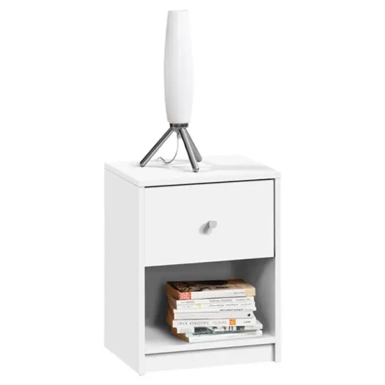 Contemporary White 1 Drawer Nightstand with Storage Shelf Sustainable Wood Bedside Table {1}
