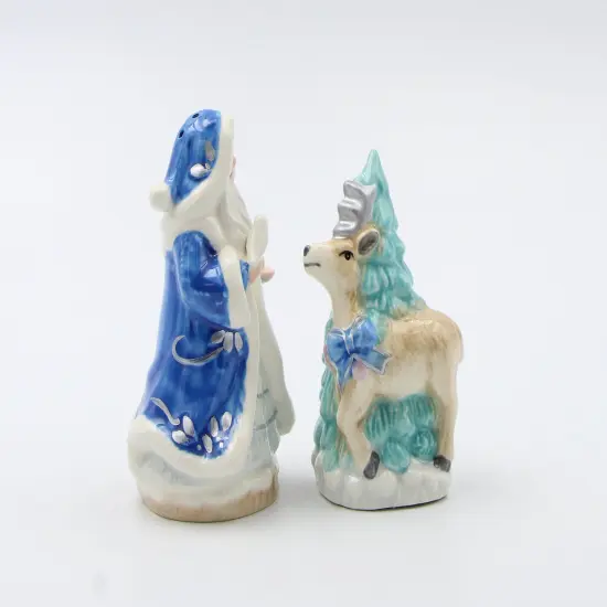 Hand Painted Ceramic Blue Santa Claus with Reindeer & Tree Salt and Pepper Shakers, Home Décor, Gift for Her, Gift for Mom, Kitchen Décor {3}