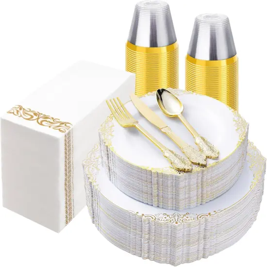 350PCS White & Gold Disposable Dinnerware Set &ndash; Plates, Cutlery, Cups & Napkins for 50 Guests {1}