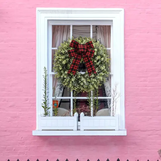 19 Inch Boxwood Wreath, 3 Different Bows,Artificial Spring {2}