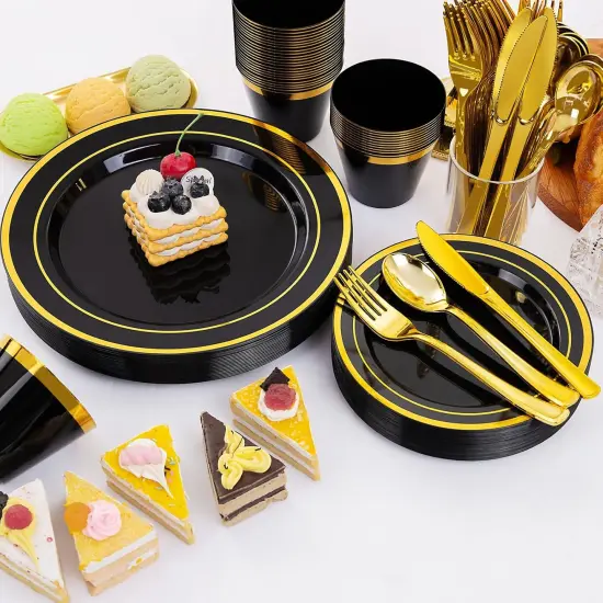 Black & Gold Disposable Dinnerware Set &ndash; 25, 50, 75, 100 Guest Options, Elegant Plastic Plates, Cutlery & Cups for Wedding & Party {3}