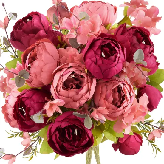2 Artificial Peonies Silk Flowers and Hydrangeas - Country Barn Red {1}