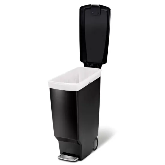 Black Plastic Rectangular Trash Can with Step Pedal, Lock and Slow Close Lid {1}