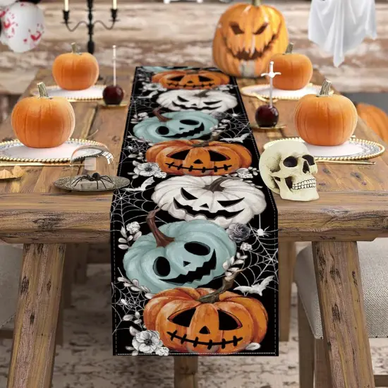 Halloween Table Runner Spooky Pumpkins Spider Web Bat Runner 13x36 Inch {2}