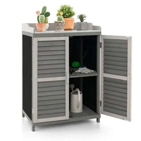 Grey Solid Wood Patio Storage Cabinet with Metal Workstation and Rolling Doors {1}