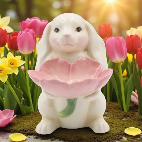 Springtime Bunnies: Easter Bunny Rabbit Holding Pink Flower Candy Dish, Spring Decor {2}