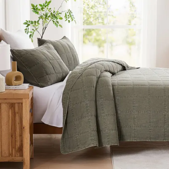 Stone Washed Cotton Quilt Set Full Queen Green 3 Piece Set {3}